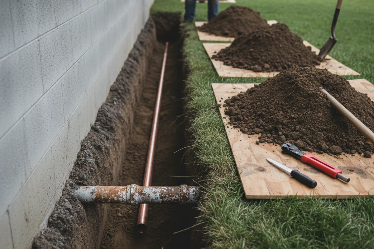 Excavated water line trench during Sewer Line Repair in Valley View